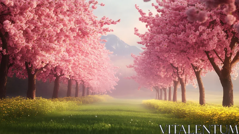 Cherry blossom avenue glows under soft mountain sunrise.