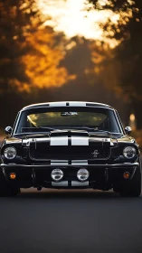 Classic black muscle car gleams against autumn sunset glow.