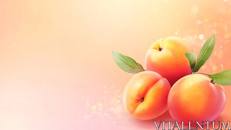 Hyperreal ripe peaches on soft bokeh peach gradient background
