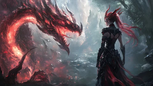 Armored humanoid confronts large fiery dragon in forested ravine