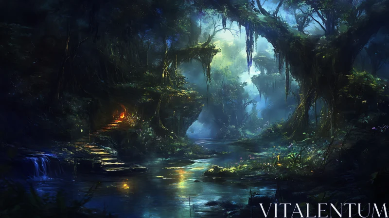 Underground cavern with bioluminescent vegetation and water