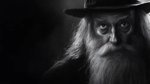 Monochrome portrait of elderly bearded man in wide hat.