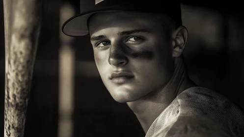 Monochrome close-up of baseball player in shaded dugout.