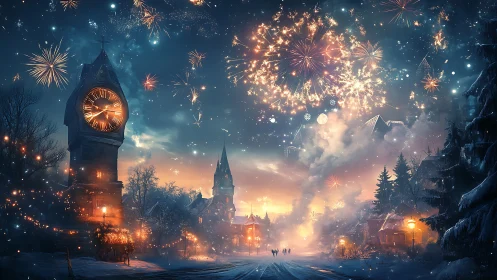 Midnight fireworks over snowy clocktower village.