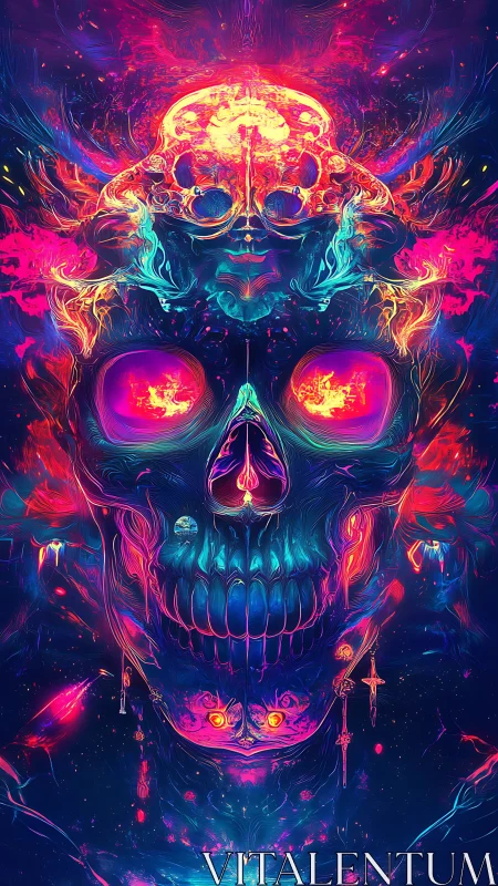 Neon spectral skull rendered in symmetrical fractal flame patterns