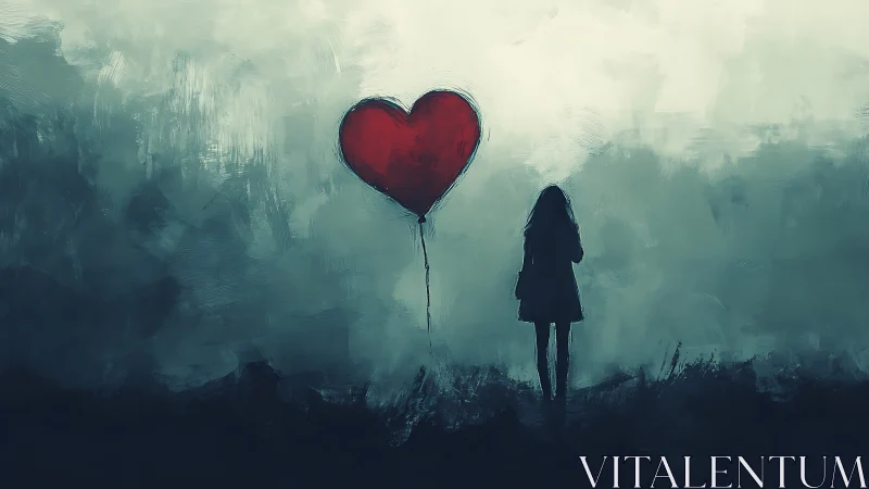Girl in misty twilight watching a stubborn red heart balloon.