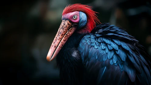 Striking portrait of exotic bird with vivid red crest and blue feathers.