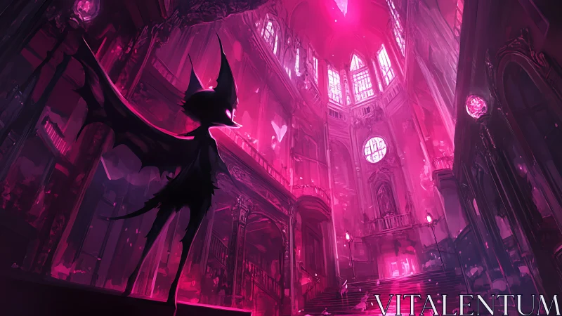 Little bat guardian wandering a glowing rose-lit cathedral.