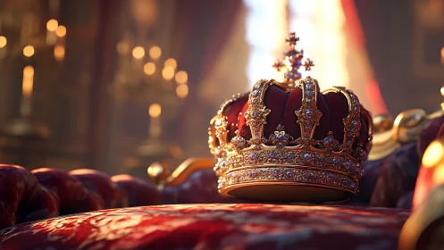 Regal jeweled crown on red velvet throne in palace room.
