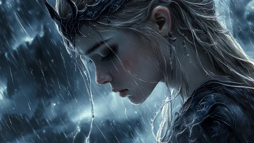 Profile of crowned female figure in heavy rainstorm.