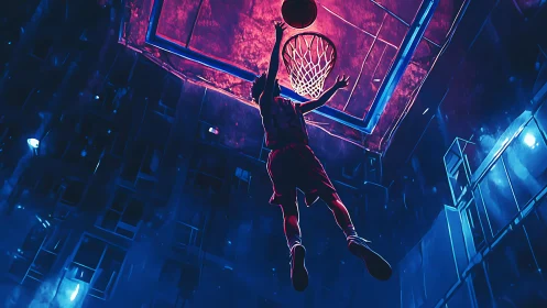 Neon court skyward slam in an electric cyber hoop dreamscape.