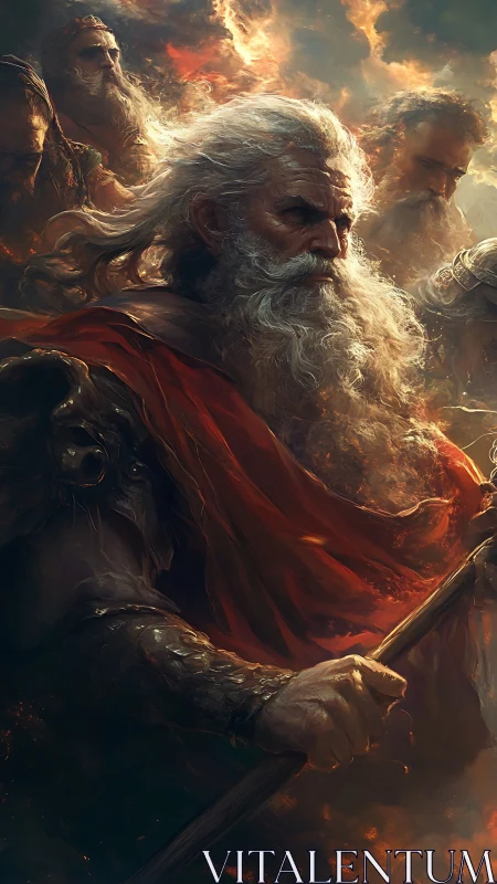 Elder warrior leader with staff in fiery mythic battle.