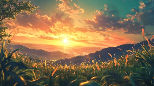 Digital painting sunrise over lush valley grasslands panorama.