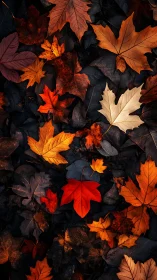 Macro study of autumn maple leaves on dark forest floor