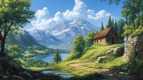 Stone cabin overlooks lake valley below snowcapped mountains