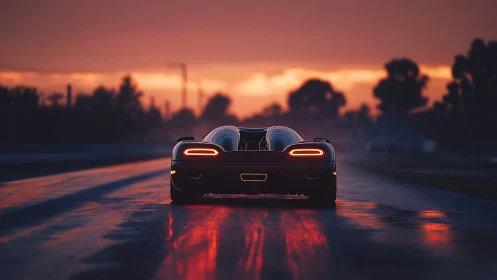Supercar rear silhouette on wet track at neon dusk glow.