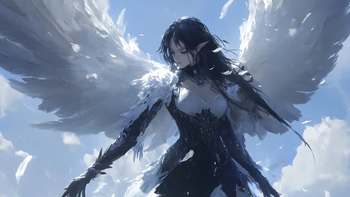 Winged dark elf in ornate armor amid drifting feathers.