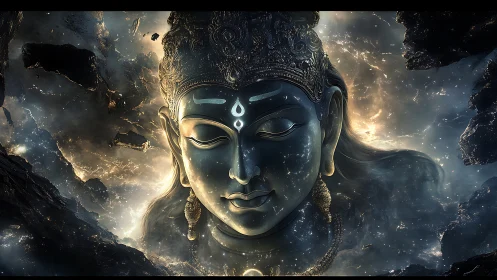 Serene cosmic deity resting in a glowing starlit void.