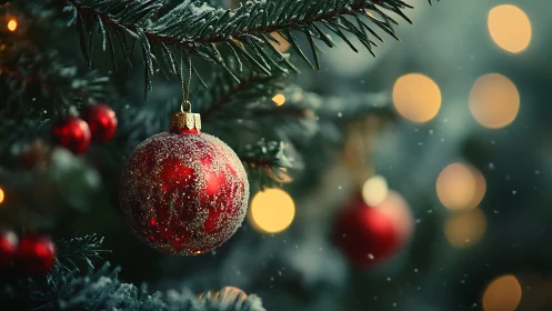 Macro closeup of red frosted Christmas bauble on fir branch
