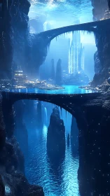 Futuristic cavern city rises above glowing underground water