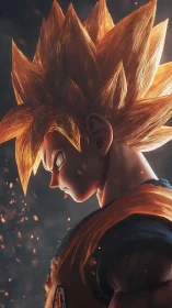 Supercharged warrior profile under ember-filled shadows.