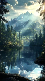 Sunlit alpine peaks over reflective conifer lake vista.