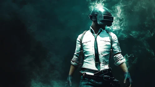 Helmeted game hero standing bold in swirling teal smoke.