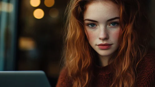 High-depth portrait of red-haired woman with shallow bokeh background