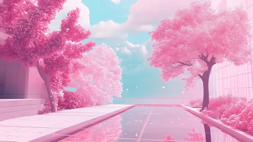 Infrared-toned rooftop garden courtyard with reflective pool and trees