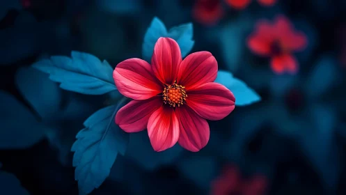 Crimson Cosmos Bloom Against Midnight Blue Foliage.