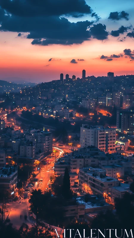 Photorealistic dusk cityscape with dynamic arterial lighting.