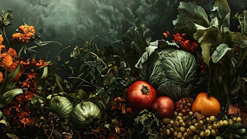 Midnight garden harvest glows like a baroque vegetable opera