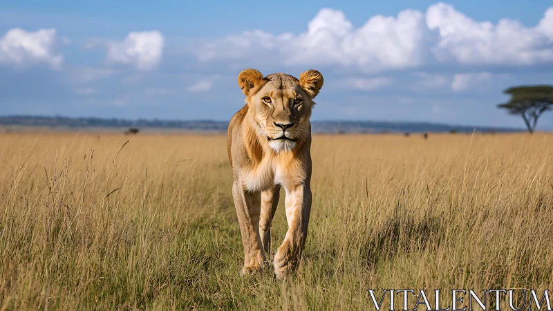 Golden lioness strolls the savanna under cloud giants.