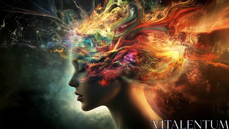 Mindfire nebula streams from a dreaming silhouette in profile