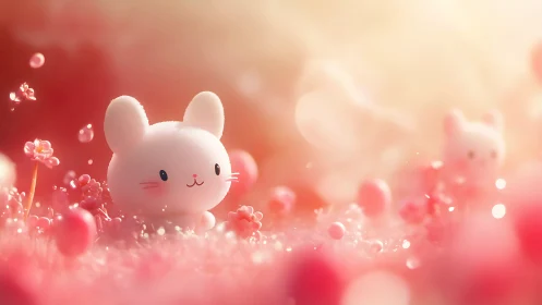 Minimal white rabbit figure in soft pink floral field.
