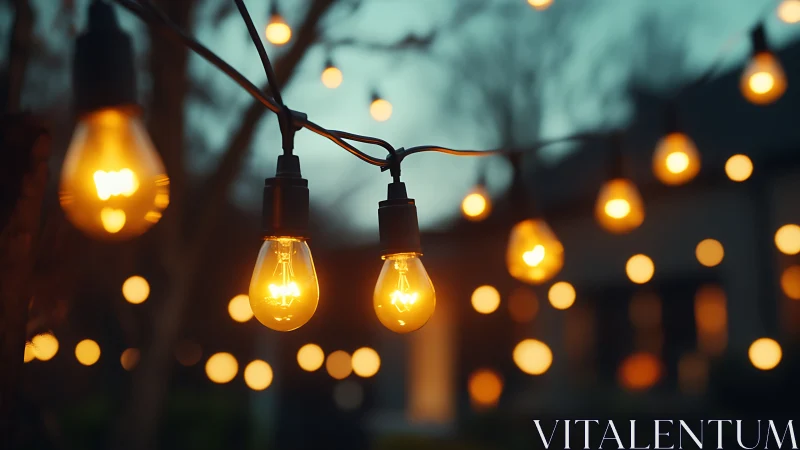 Warm patio string lights glow softly at blue dusk.