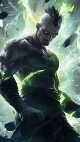 Energy-infused warrior with glowing eyes in storming aura.