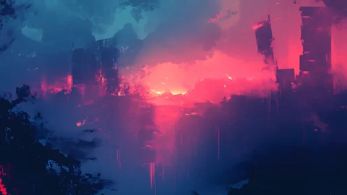 Neon dusk over ruined futuristic city skylinescape.