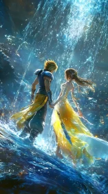 Digital painting of luminous waterfall lovers in dynamic flow.