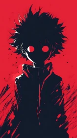 Shadowed anime hero stands bold against vivid red chaos