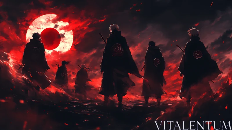 Crimson moon crowns silent warriors crossing burning night