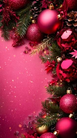 Red Christmas ornaments and pine branches on pink background.