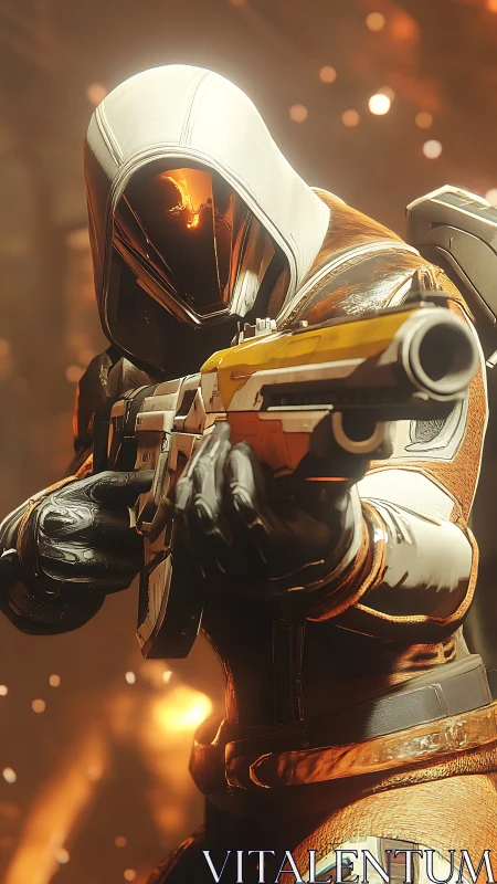 Armored sci fi marksman aiming rifle amid molten bokeh field