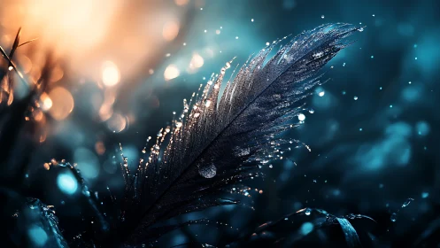 Soft feather glows in dreamy light and sparkling raindrops