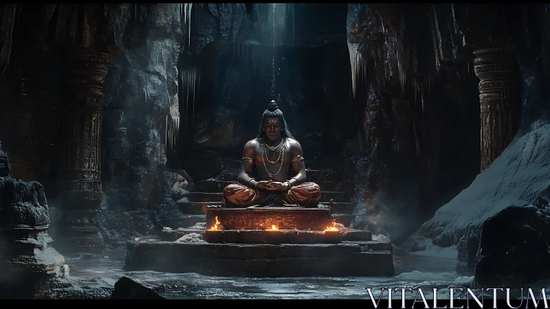 Meditating deity in icy cave temple with glowing altar fires