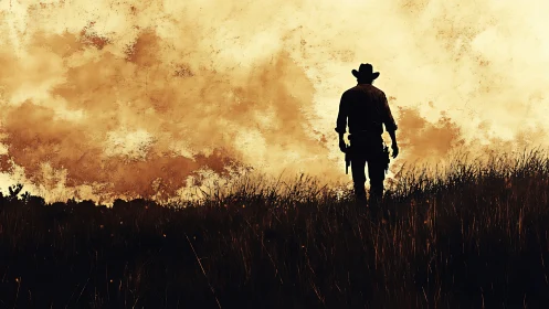 Silhouetted frontier gunslinger under textured sepia sky.