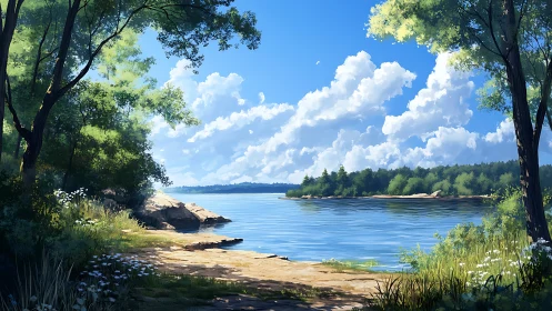 Lakeside Sanctuary: Digital Landscape with Dramatic Cloud Formation.