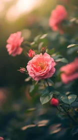 Pink garden roses in varied bloom stages with warm sunlight.