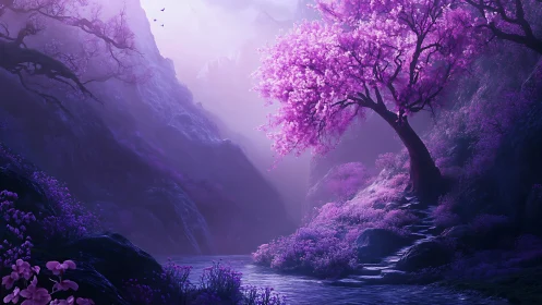 Violet canyon landscape with luminous cherry blossom tree.
