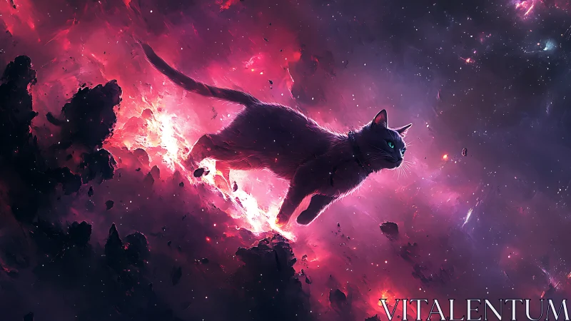 Cosmic feline strides through radiant magenta nebula clouds.